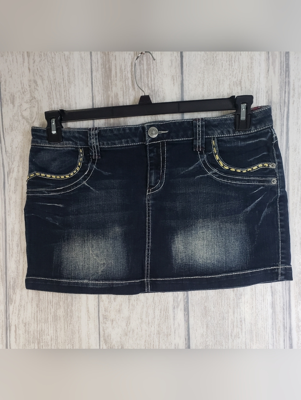 Vtg Y2K Vanity Dark Wash Denim Micro Mini Skirt Low Rise Nice Fade Womens Sz 32